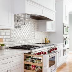 White Transitional Chef Kitchen With Spice Rack