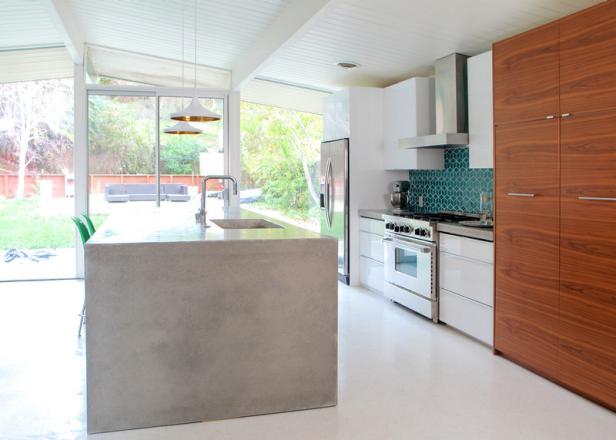 This renovated kitchen features a DIY concrete counter.