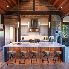Rustic Open Plan Kitchen With Reclaimed Wood Wall