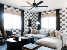 Black and White Sitting Room With Graphic Wallpaper