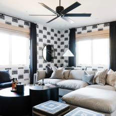 Black and White Sitting Room With Graphic Wallpaper
