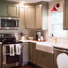 Gray Transitional Kitchen With Red Sconce