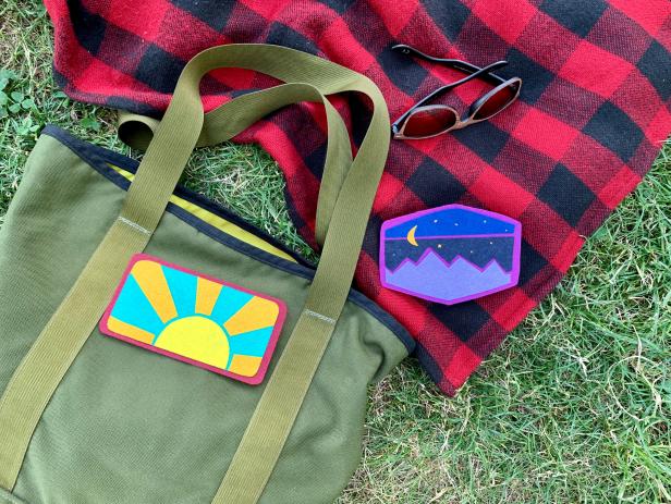 Yellow Felt Patch on Green Bag, Purple Patch on Red and Black Blanket 