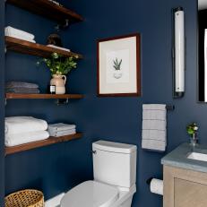 Blue Powder Room With Open Shelving