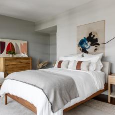 Gray Contemporary Guest Bedroom With Pink Art