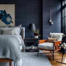 Blue Contemporary Bedroom With Leather Chair