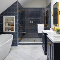 Blue Contemporary Bathroom With Gold Mirrors