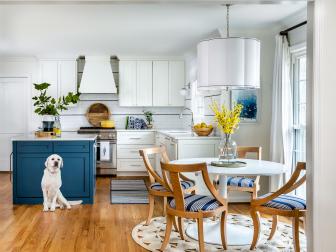 Eat-In Kitchen, Round Table, Four Chairs, Blue Island, White Cabinets