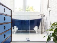 Custom Blue Vanity Complements Blue Clawfoot Bathtub