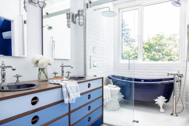 White Contemporary Bathroom Has Blue Clawfoot Tub in Shower Area