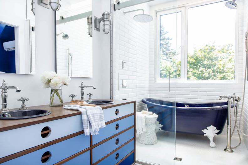 White Contemporary Bathroom Has Blue Clawfoot Tub in Shower Area