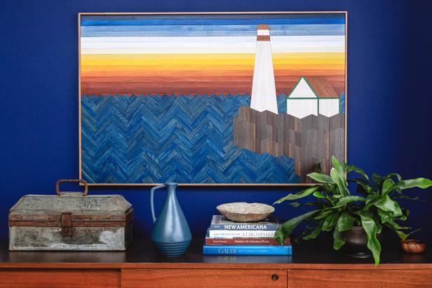 Custom Multicolored Lighthouse Artwork on Blue Wall