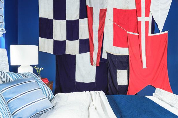Flags Arranged on Bedroom Wall Add Color and Contrast