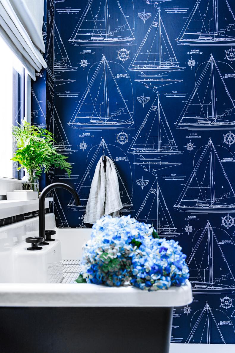 Blue Nautical Wallpaper Features Architectural Renderings of Sailboats