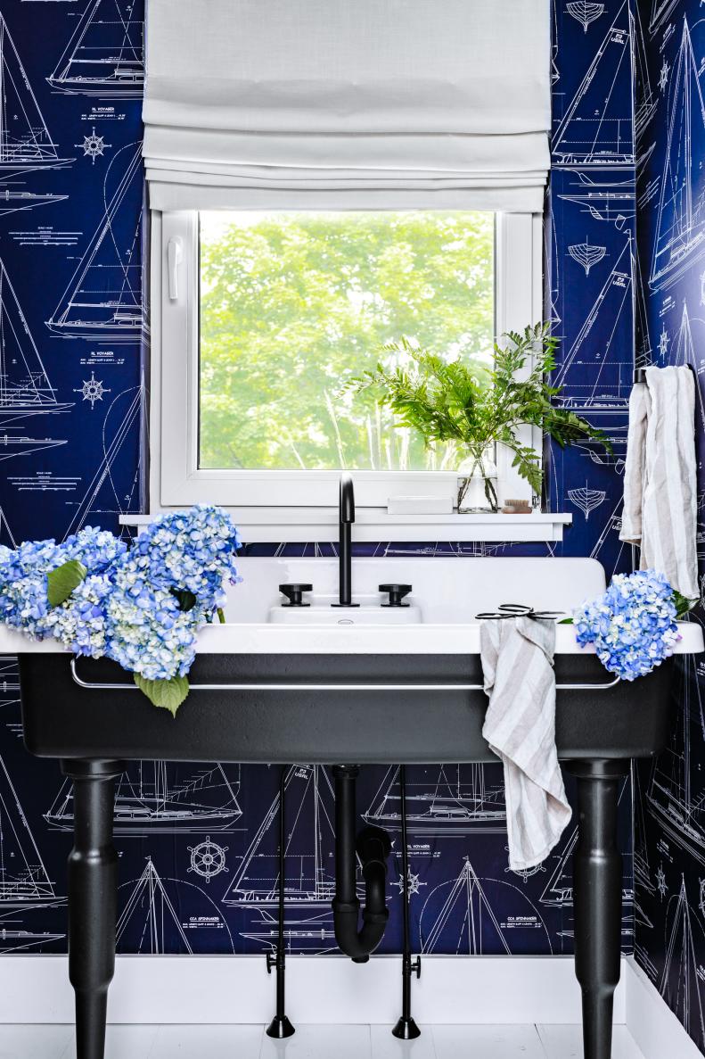 Sleek Powder Room Vanity Features White Farmhouse Sink