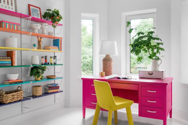 Multicolored Shelves, Yellow Chair and Pink Desk Add Color to Studio