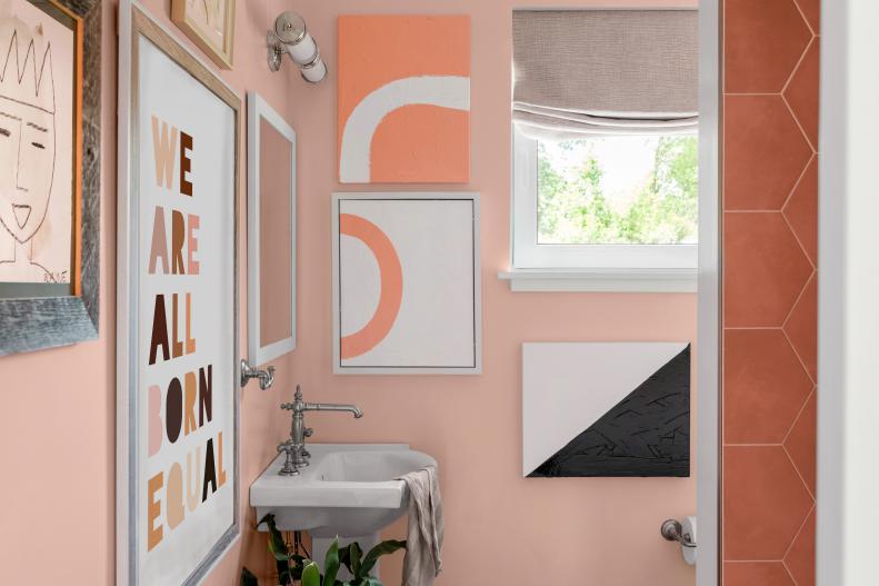 Collection of Wall Art Complements Pink Guest Bathroom Walls