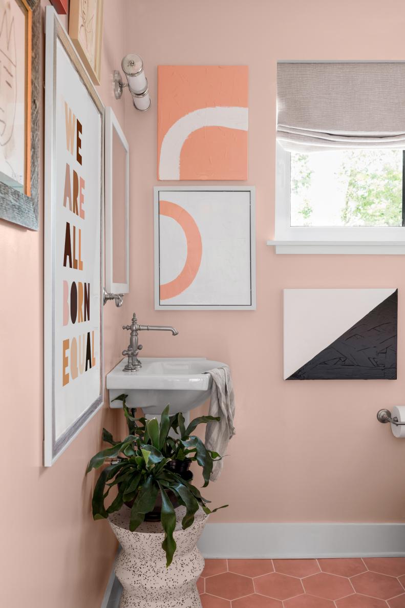 Art and a Houseplant Add Color to the Pink Guest Bathroom