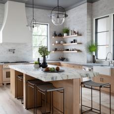 Gray Contemporary Chef Kitchen With Shiplap Ceiling