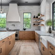 Gray Contemporary Chef Kitchen With Shiplap Ceiling