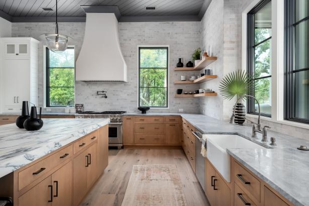 Gray Contemporary Chef Kitchen With Shiplap Ceiling | HGTV