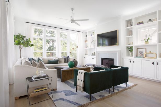 White Living Room With Dark Green Chairs