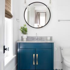 Transitional Powder Room With Blue Tile Floor