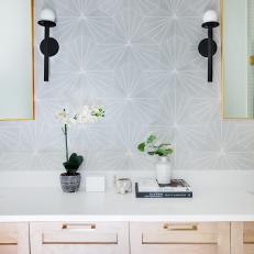 Gray Transitional Bathroom With Black Sconces