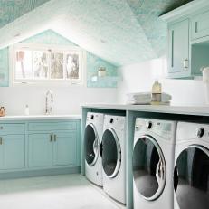 Blue Cottage Laundry Room With Dual Appliances