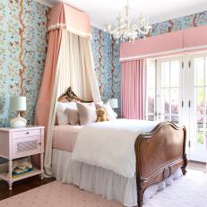 Blue Girls Bedroom With Pink Canopy Bed