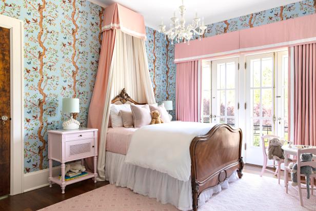 Blue Girls Bedroom With Pink Canopy Bed | HGTV