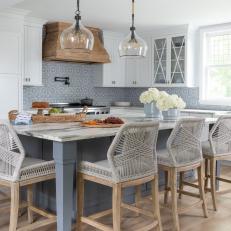 Blue and White Cottage Kitchen With White Hydrangeas