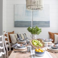 Blue and White Coastal Breakfast Nook With Green Apples