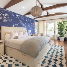 Eclectic Bedroom With Blue Floral Accent Wall