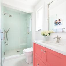 White Small Bathroom With Pink Vanity