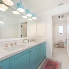 Blue and White Bathroom With Pink Rug