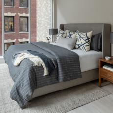 Gray Contemporary Primary Bedroom With Pinstripe Duvet