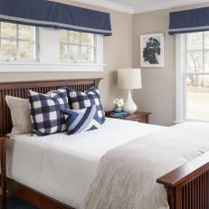Neutral Transitional Bedroom With Blue Valances