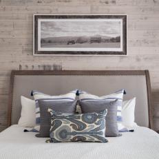Gray Transitional Bedroom With Blue Pillows