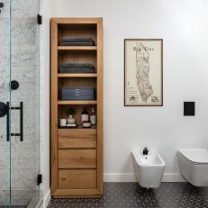 Neutral Primary Bathroom With Tall Wood Shelf