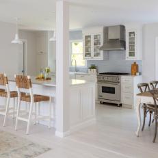 Blue Cottage Open Plan Kitchen With Woven Barstools