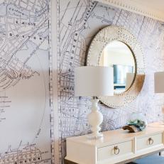 Transitional Foyer With Map Wallpaper