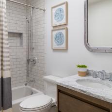 Gray Transitional Bathroom With Striped Shower Curtain