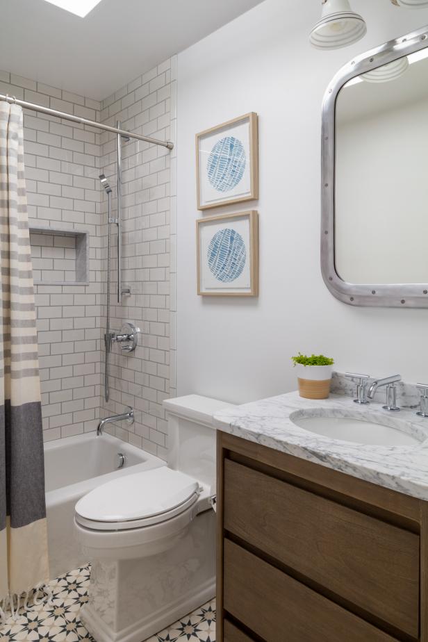 Gray Transitional Bathroom With Striped Shower Curtain | HGTV