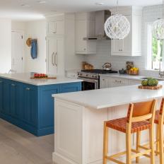 Transitional Open Plan Kitchen With Leather Barstools