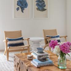 Transitional Blue and White Living Room With Pink Flowers
