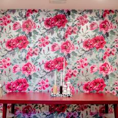 Dining Area With Pink Floral Wallpaper