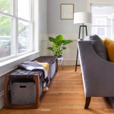 Blue Transitional Living Room With Leather Bench