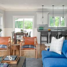 Gray Transitional Great Room With Blue Sofa