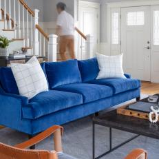Gray Transitional Living Room With Velvet Sofa